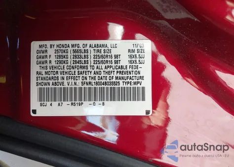 2004 Honda Odyssey Ex-L z USA, uszkodzony, nr VIN 5FNRL18004B035525